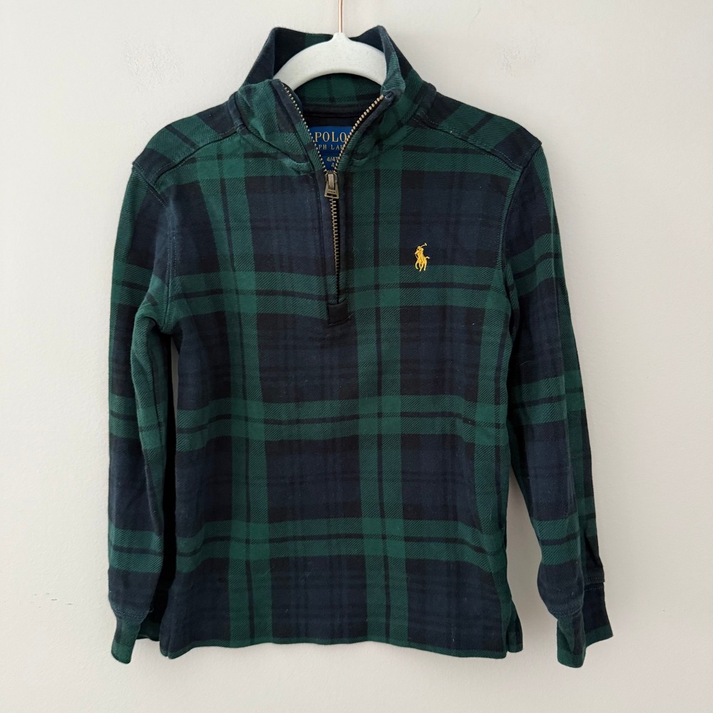 Polo Ralph Lauren Boys 4 4T Black Watch Plaid Quarter‎ Zip Pullover Cotton Green